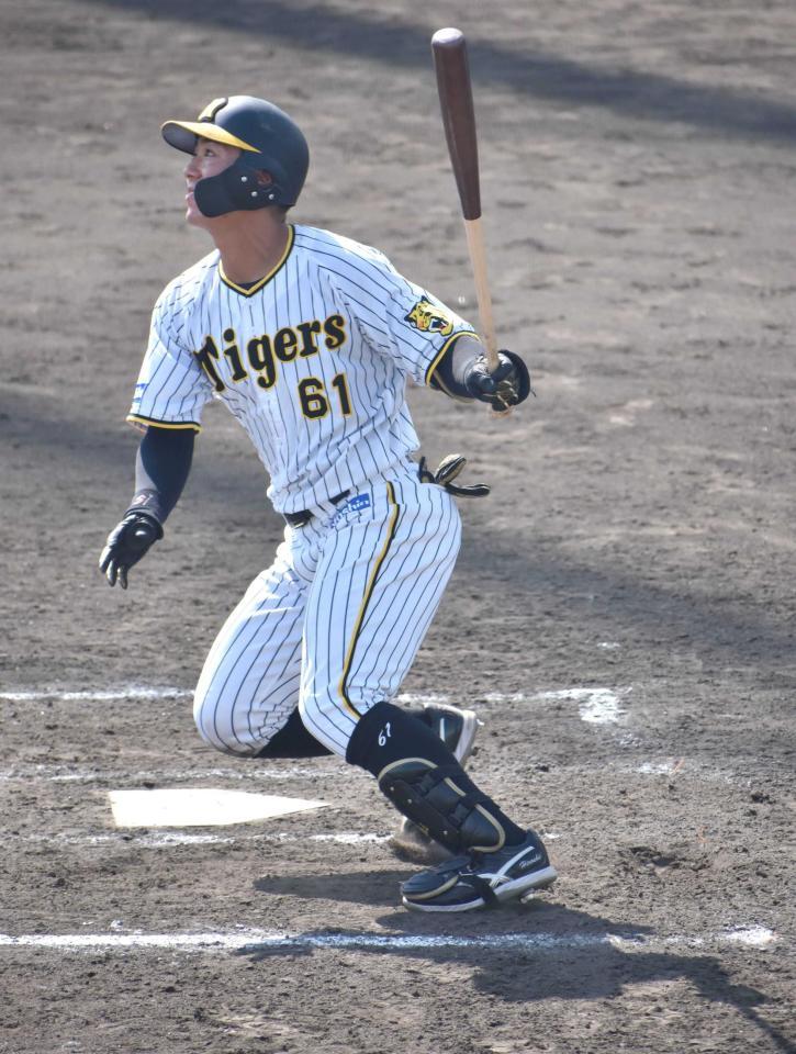 　７回、左中間フェンスを越える今季４号２ランを放つ豊田
