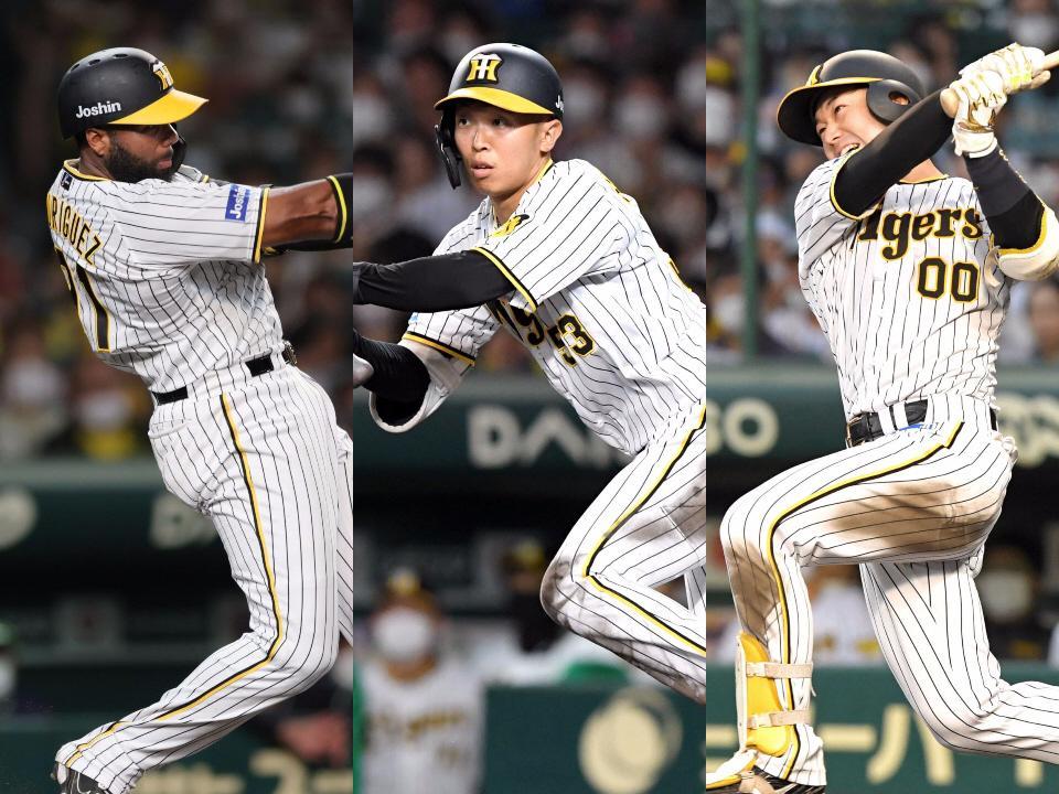 　ヒッティングマーチが完成した（左から）ロドリゲス、島田、山本