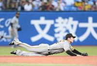 　１回、塩見の打球を好捕する中野（撮影・堀内翔）