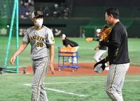 　練習中の大山（右）と話す矢野監督（撮影・西岡正）