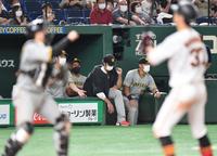 　勝利の瞬間、ガッツポーズの藤浪（中央）＝撮影・西岡正