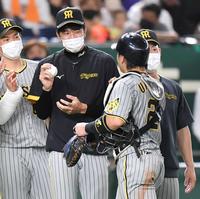 　ウイニングボールを手に梅野（右）を迎える才木