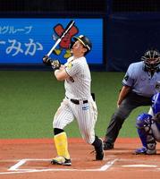 　６回、佐藤輝は空振り三振に倒れる（撮影・山口登）