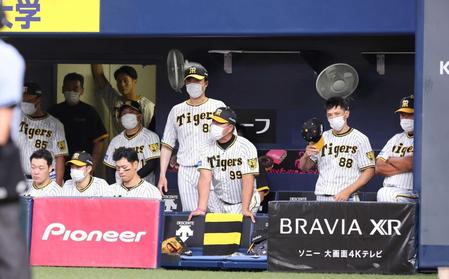 　厳しい表情で戦況を見守る矢野監督（右から２人目）ら