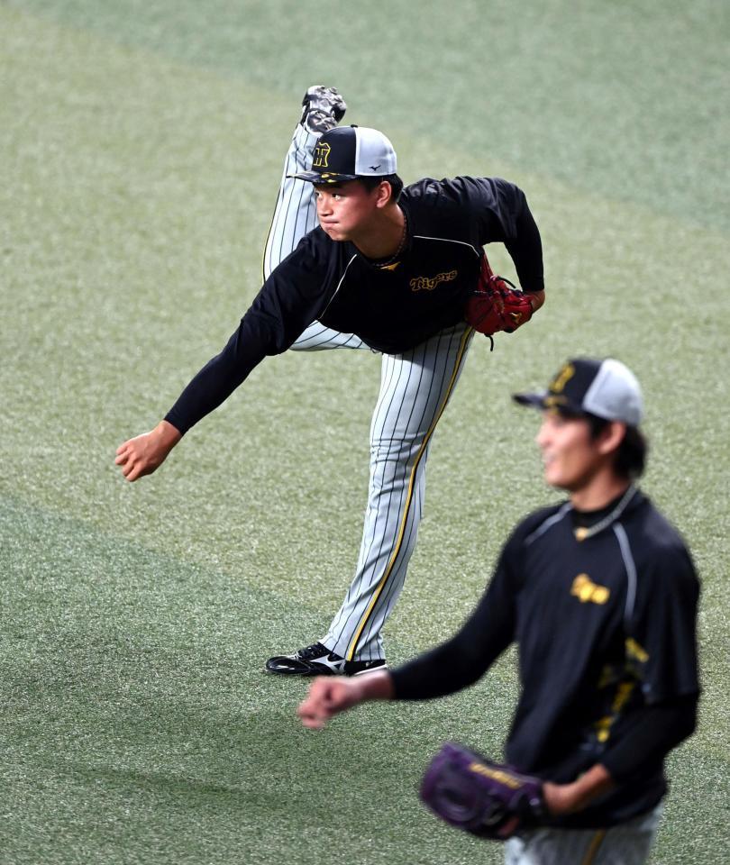 　キャッチボールする森木（手前は藤浪）＝撮影・山口登