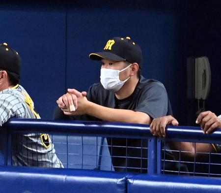 　４回に降板した西は右手中指にテープを巻き、ベンチから試合を見る（撮影・山口登）