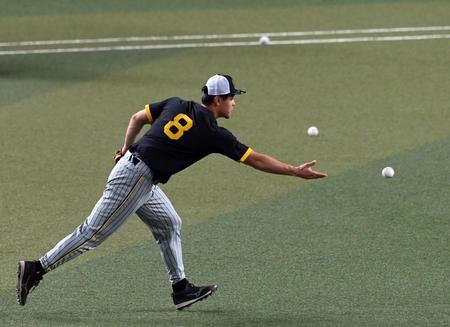 　佐藤輝はセカンドでノックを受けトスする（撮影・山口登）