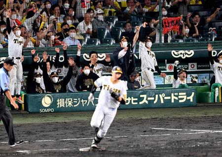 　８回、大山の先制ソロに青柳ら阪神ナインは手を上げ喜ぶ