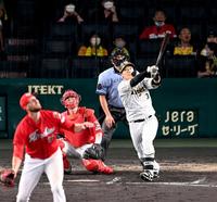 　８回、大山は左越えに先制ソロを放つ（投手・ターリー、捕手・会沢）＝撮影・山口登