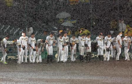 　６回、コールドゲームになり、阪神ナインは豪雨の中、ベンチを出てファンあいさつする（撮影・山口登）