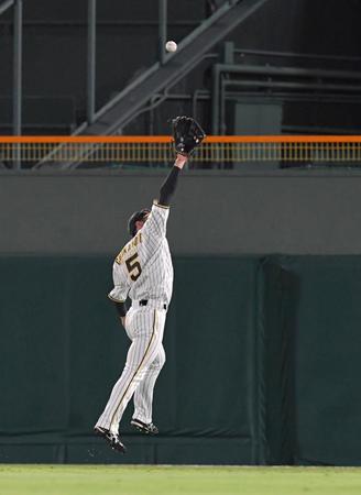 　５回、吉川の放った打球は近本の頭を越える（撮影・北村雅宏）