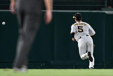 　５回、吉川の打球は近本の頭上を越え、ボールを追う（撮影・田中太一）