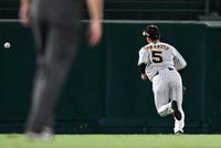 　５回、吉川の打球は近本の頭上を越え、ボールを追う（撮影・田中太一）