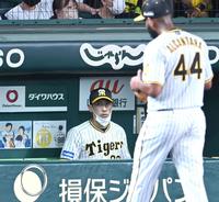 　７回、ベンチで厳しい表情の矢野監督（撮影・飯室逸平）