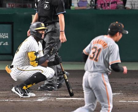 　４回、見逃し三振に倒れ、その場にしゃがみ込むロハス（撮影・飯室逸平）