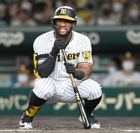 　４回、見逃し三振に倒れ、座り込むロハス（撮影・田中太一）