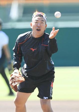 　投手のノックで一塁手を務める井上ヘッドコーチ（撮影・飯室逸平）