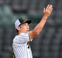 　空を見上げる矢野監督（撮影・山口登）