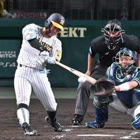 　４回、勝ち越しタイムリーを放つ糸原（撮影・飯室逸平）