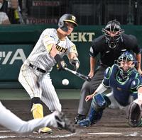 　７回、右前打を放つ佐藤輝（撮影・飯室逸平）