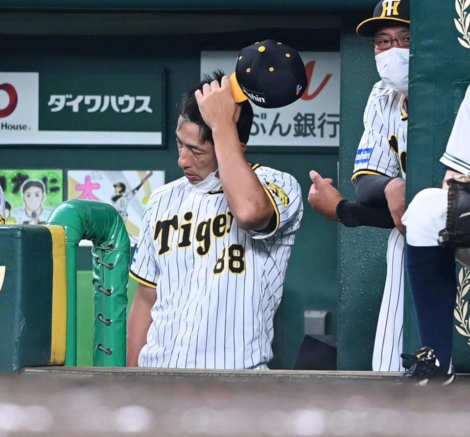 　ベンチで頭を悩ます矢野監督（１３日）