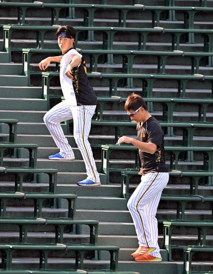 　スタンドでトレーニングする湯浅（上）と岩崎（撮影・山口登）