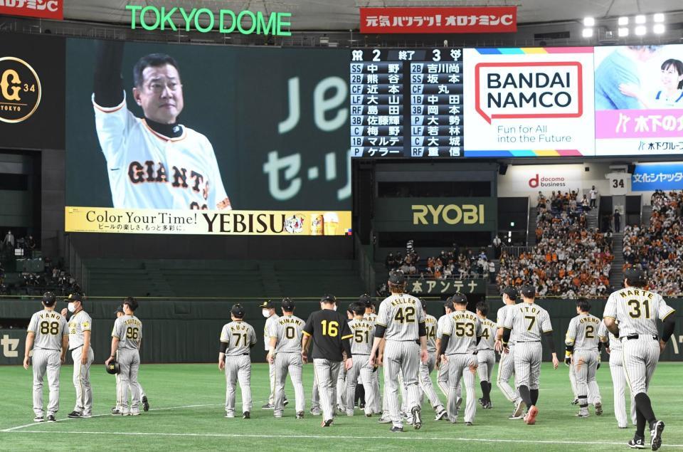 　レフトスタンドのファンにあいさつに向かう阪神ナイン（撮影・飯室逸平）
