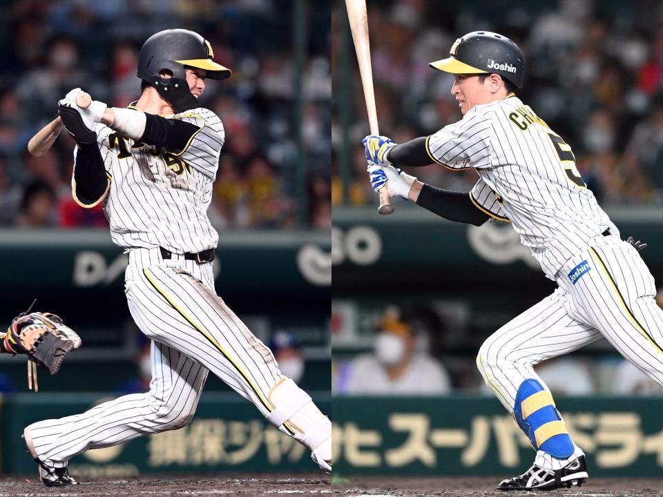 　最多安打を争う中野（左）と近本