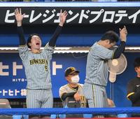 　８回、原口が勝ち越しの適時打を放ちベンチで喜ぶ近本（左）と大山（撮影・堀内翔）