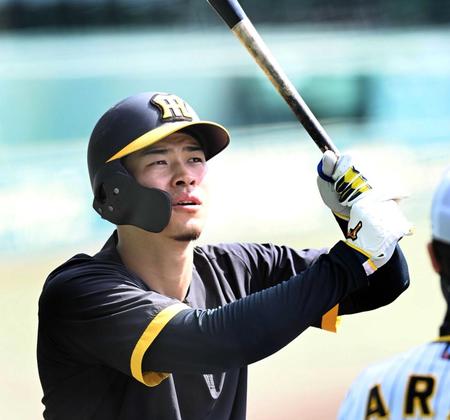 　打撃練習でバットを見上げる佐藤輝（撮影・田中太一）