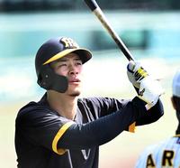 　打撃練習でバットを見上げる佐藤輝（撮影・田中太一）