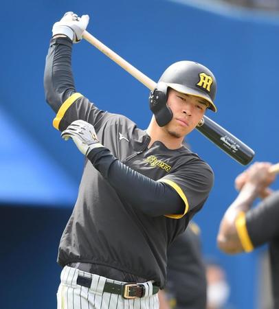 　試合前にバットを振る佐藤輝（撮影・堀内翔）