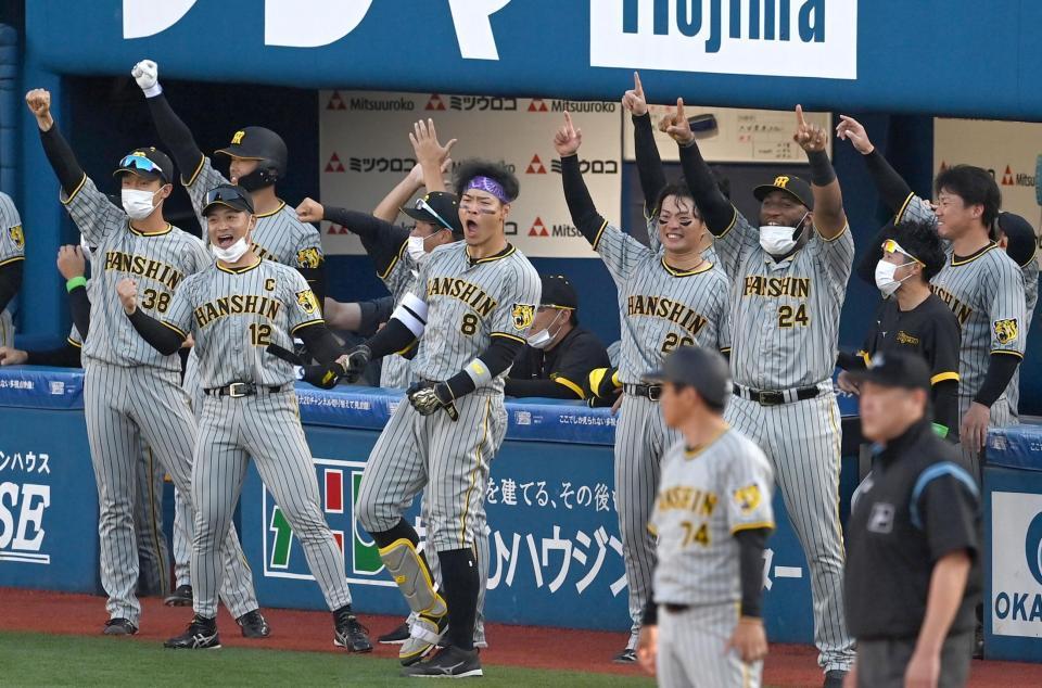 　６回、近本の同点打に歓喜する佐藤輝（中央）ら阪神ナイン（撮影・飯室逸平）