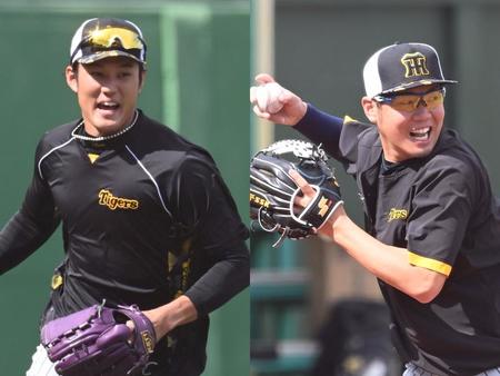 　ヤクルト戦へ向け、調整する西勇（右）と藤浪