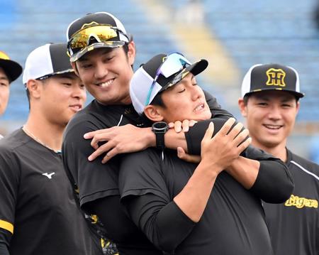 　練習前、西純（右）とじゃれ合う藤浪（撮影・田中太一）