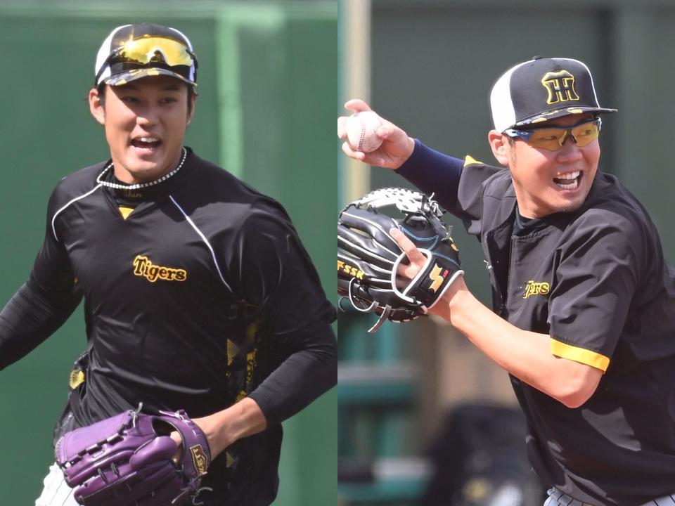 　ヤクルト戦へ向け、調整する西勇（右）と藤浪