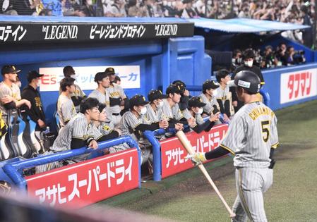 　佐藤輝（前列左端）ら阪神ナインが悔しそうにヤクルトナインを見つめる（撮影・園田高夫）