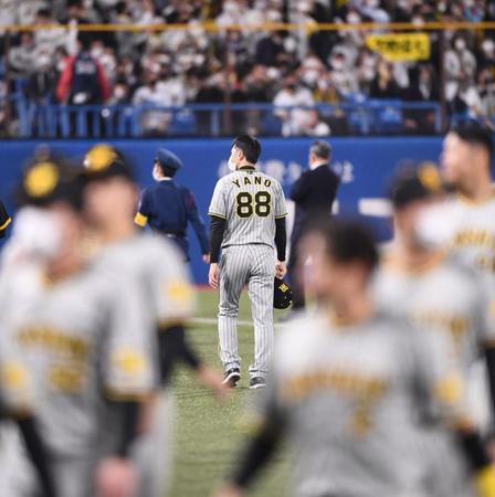 　ひとり球場をあとにする矢野監督（中央）＝撮影・園田高夫