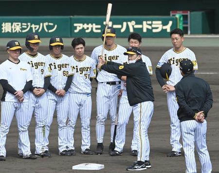 　練習後、二塁ベース付近に選手を集めて打撃指導する岡田監督。現役時代さながらのバットを構えを見せた（撮影・田中太一）