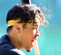 　強い日差しを浴びながら、バットを振り続ける佐藤輝（撮影・田中太一）