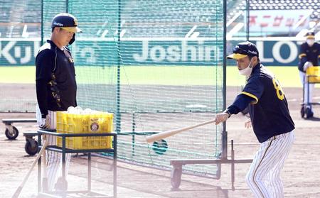 　大山（左）に打撃のアドバイスをする岡田監督