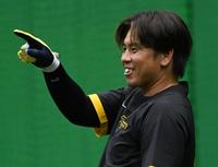 　打撃練習で笑顔を見せる梅野（撮影・田中太一）