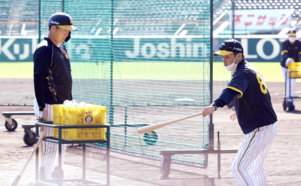 　大山（左）に打撃のアドバイスをする岡田監督