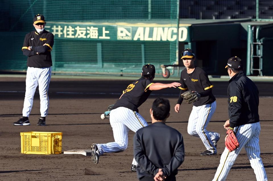 　岡田監督（左）と平田ヘッドコーチ（右）は、中野（右から２人目）と渡辺の守備練習を見守る（撮影・山口登）