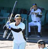 　岡田監督（奥）が見る中、打撃練習をする井上（撮影・田中太一）