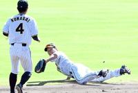 　二遊間ノックでボールに飛びつく渡辺。左は熊谷（撮影・田中太一）