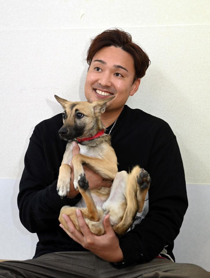 　犬とふれ合い笑顔を見せる秋山（撮影・山口登）