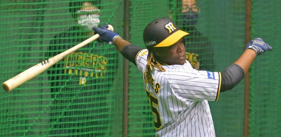 　ランチ特打で打ち込むミエセス（撮影・立川洋一郎）