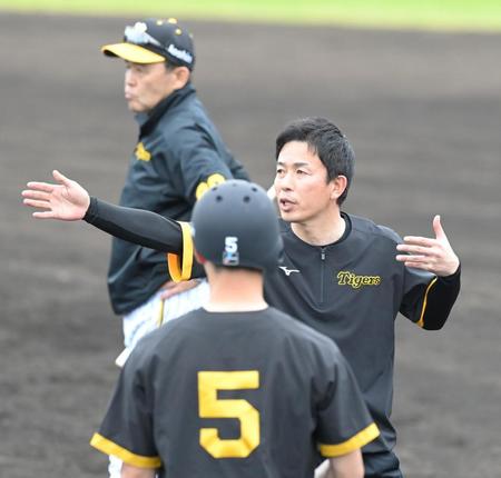 　近本（手前）に走塁指導する赤星臨時コーチ。奥は岡田監督＝４日