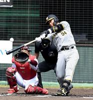 　１回、中越えに２ランを放つ原口（撮影・飯室逸平）